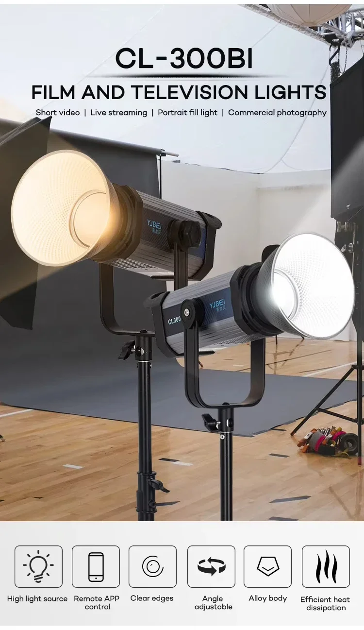 YJBEI CL300Bi 300W Highlight LED Bowens Mount Photography Light for Live Streami