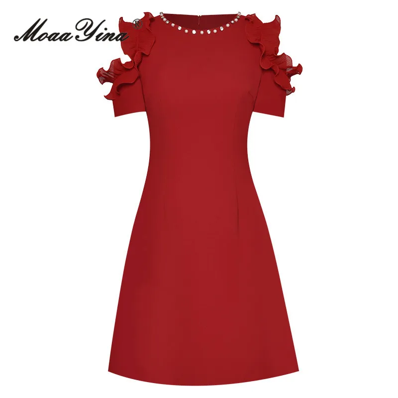 

MoaaYina Summer Fashion Designer Vintage Party Red Dress Women's O-neck Beading Nail Bead Ruffle Loose Waist Mini Short Dress