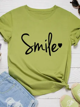 Smile Heart Print t-shirt da donna manica corta O collo maglietta da donna allentata maglietta da donna top abiti Camisetas Mujer 1