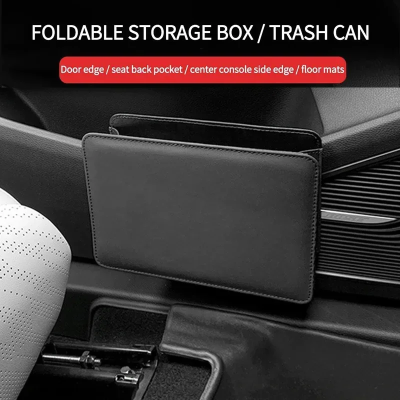 Car Side Door Foldable Trash Can PU Leather Multifunction Storage Box Car Organizer Seatback Hanging Storage Bag Trash Bin