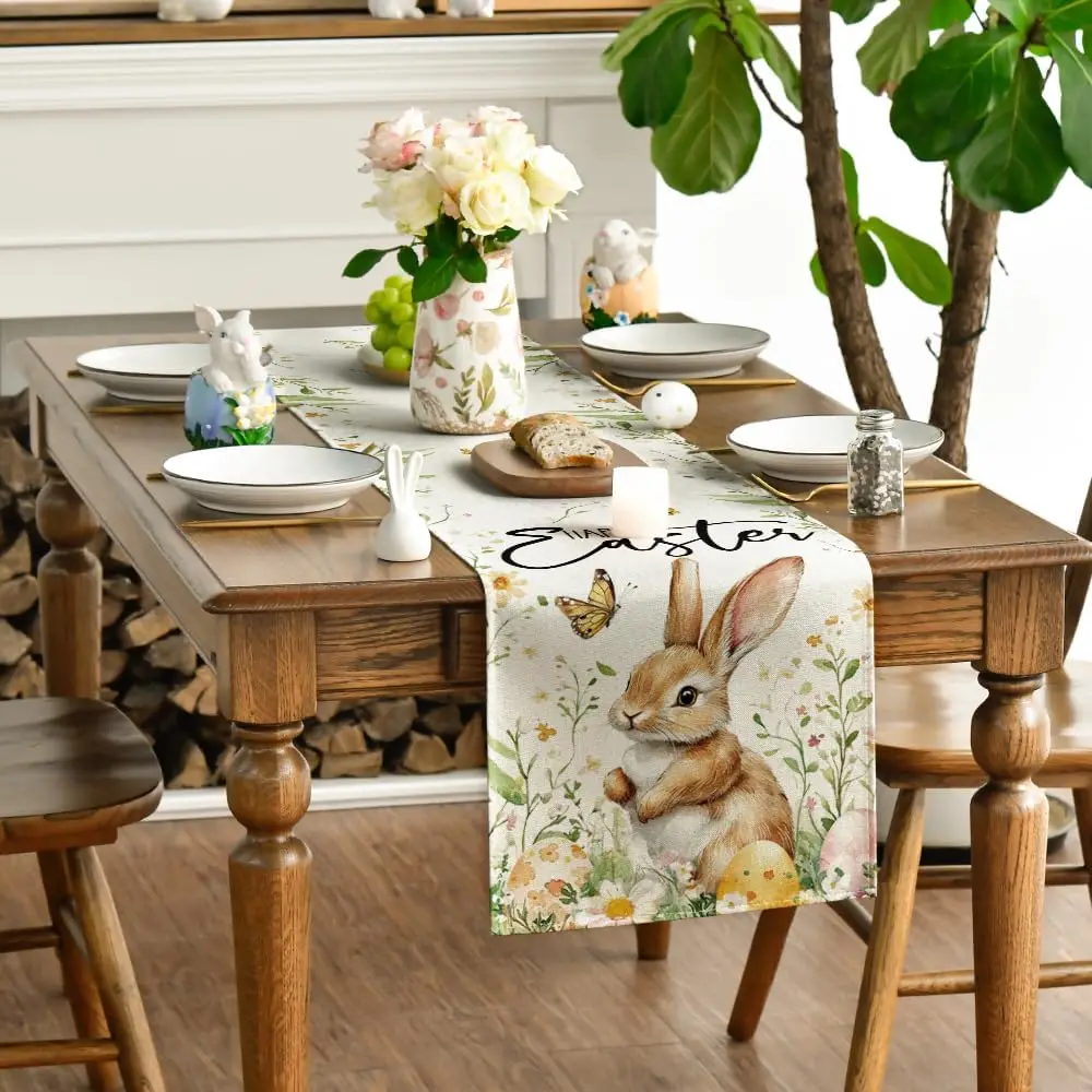 Easter Bunny Butterfly Eggs Flowers Linen Table Runner Holiday Party Decor Spring Kitchen Dining Table Runner Easter Decorations 3