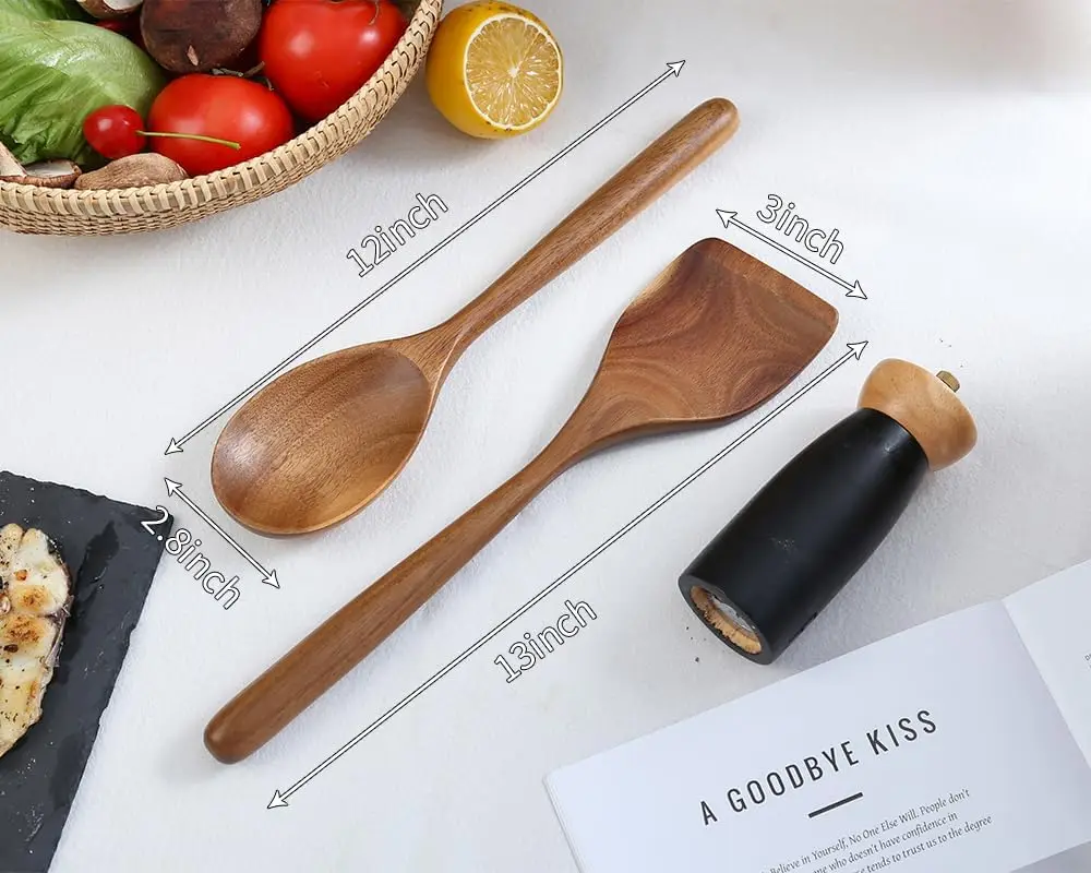 2-Piece Wooden Cooking Spoon Set, Acacia Wood Utensils for Frying, Mixing & Non-Stick Cookware 4