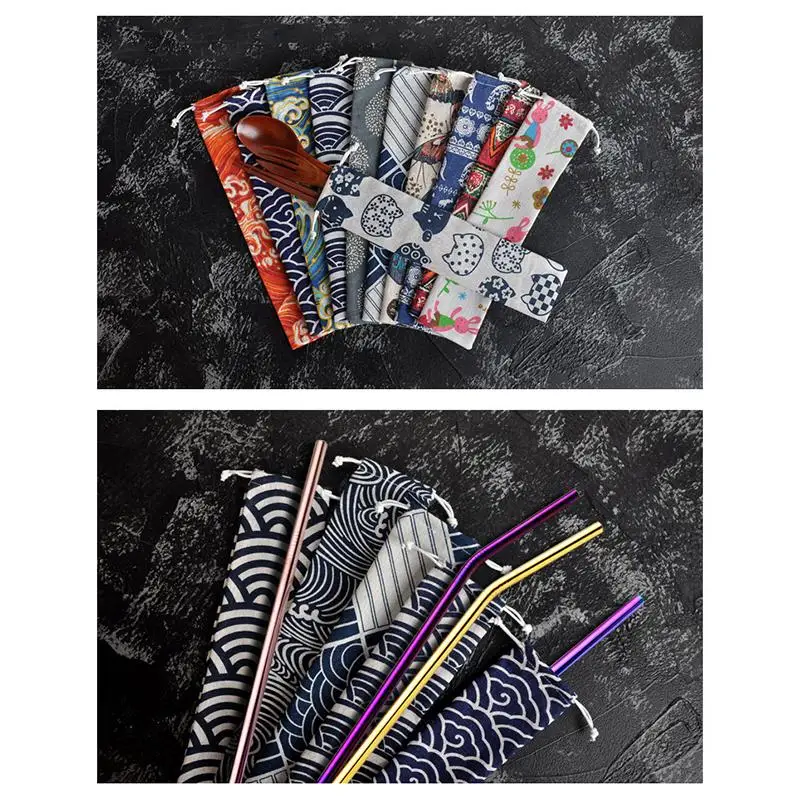 4pcs 휴대용 식기 파우치 일본식 끈 가방 밀짚 숟가락 젓가락 여행용 식기 정리함 경량