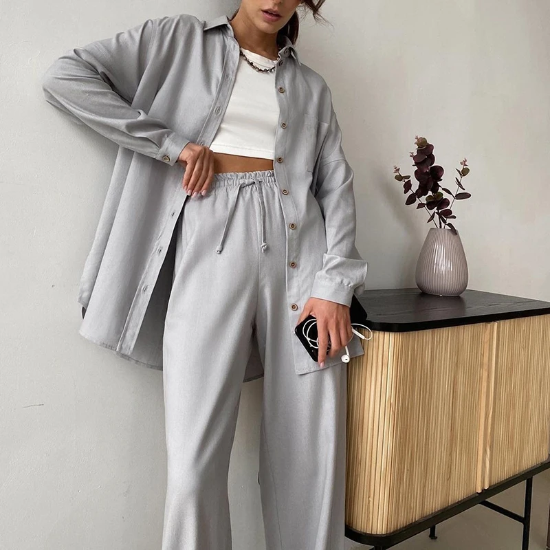 ladies coat pant suit WOTWOY 2022 Spring Casual Shirts and Pants Two-Pieces Set Women High Waist Loose Drawstring Trousers Female Button-up Cozy Shirt designer suits for women Suits & Blazers