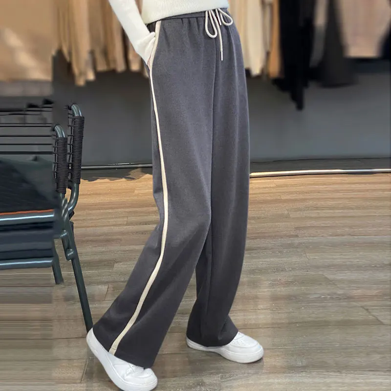 

Осенне-зимние модные трикотажные брюки из чистой шерсти с широкими штанинами женские универсальные свободные прямые повседневные брюки с высокой талией