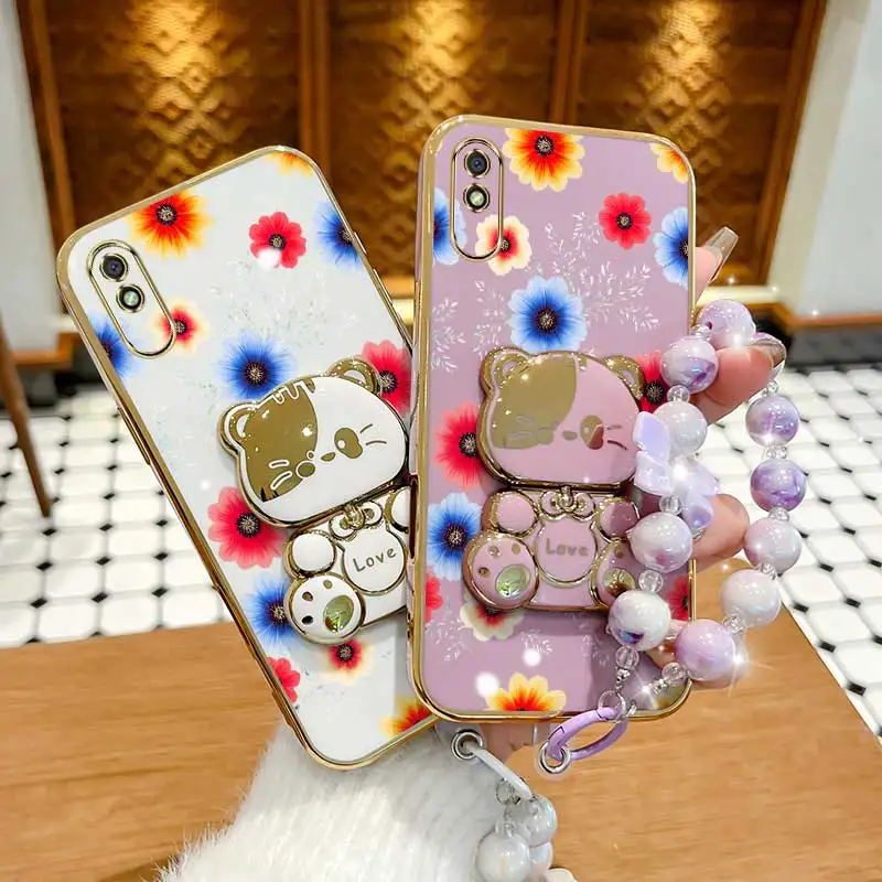 Colorful Flowers Phone Accessory Set: Case, Lanyard & Rabbit Stand