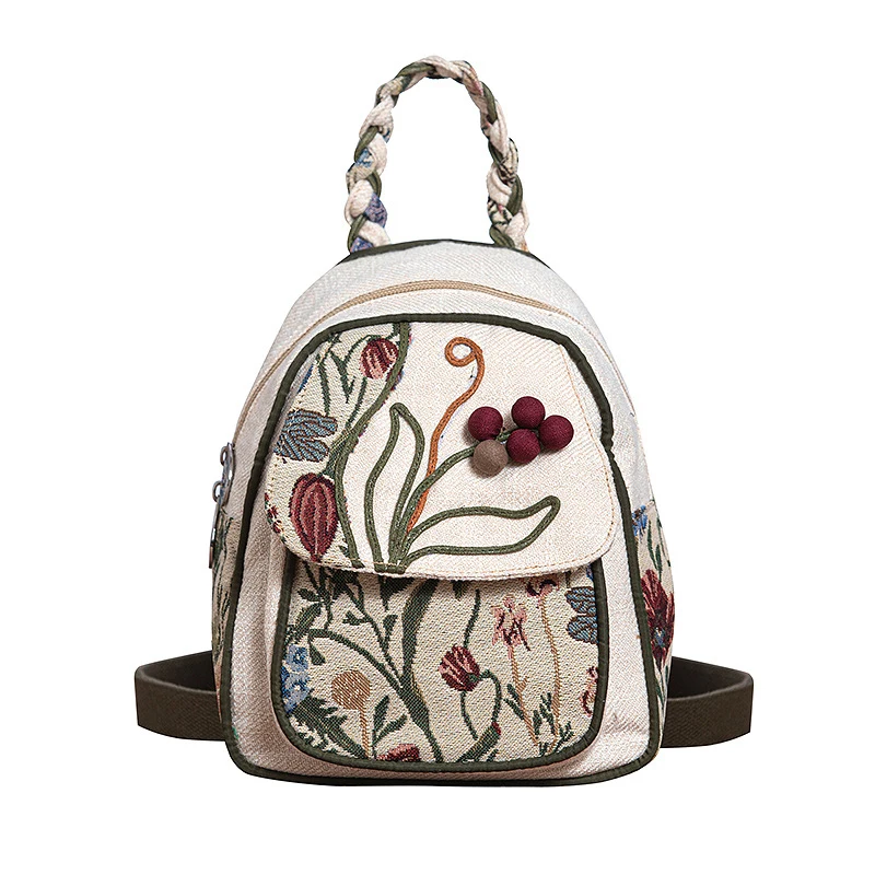 Chinese style backpack single shoulder canvas hand carry multicompartment multi-functional fabric women's bag embroidery process