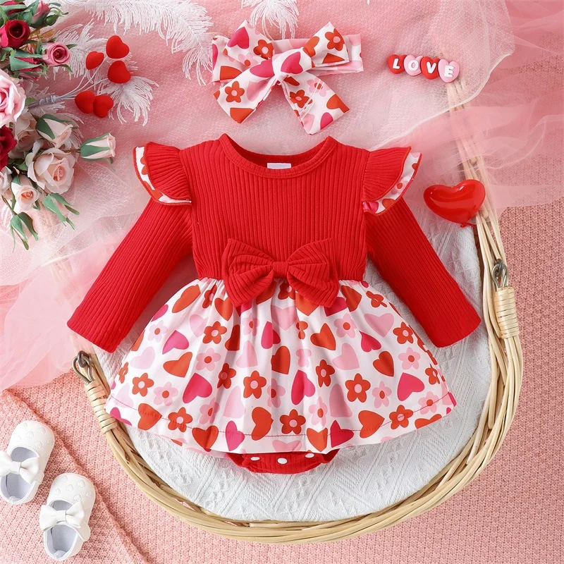 

Newborn Baby Girl Valentines Day Red Clothes Long Sleeve Crew Neck Heart Flower Print Romper Dress with Hairband Spring Outfit