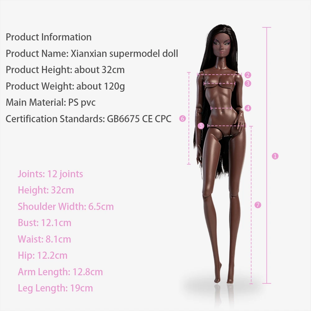 시안시안 32cm 차콜 스킨 슈퍼모델 인형 12관절 피규어 1/6 엘라라 쿨 메이크업 패션 헤어스타일 아프리카 인형 컬렉션 선물