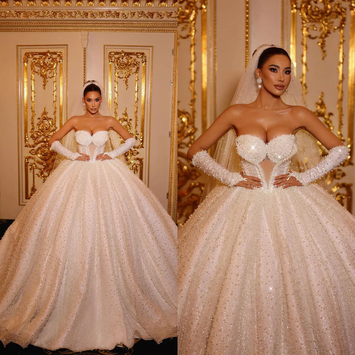 

Gorgeous Strapless Pearl Sequine Wedding Dresses Beaded Sleeveless Princess Bride Ball Gowns Custom Made Robes De Mariée