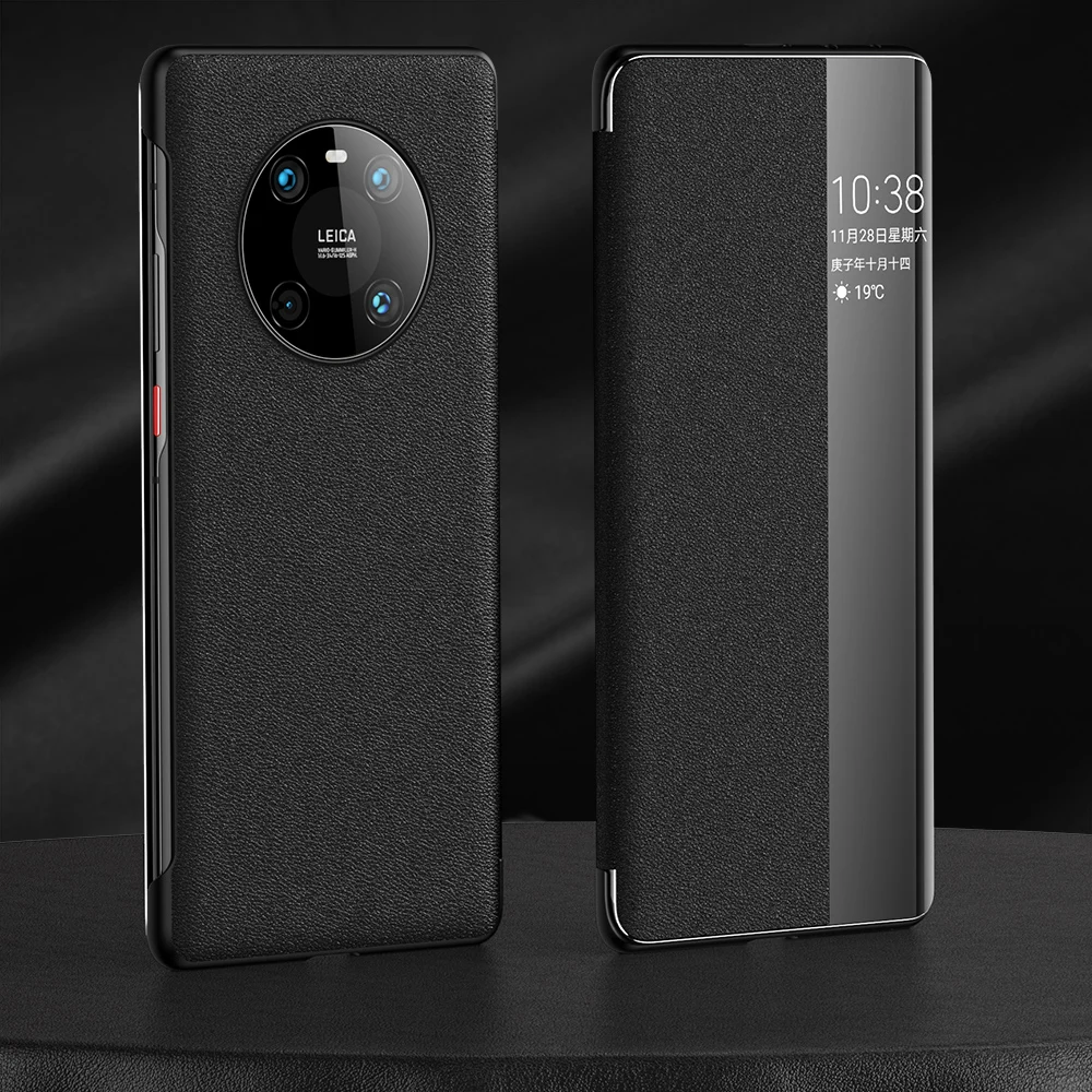 SmartDevil Smart View Flip Cover Leather Phone Case For Huawei Mate 40 Pro + Protector Back Cover With Touch View Litchi Stria waterproof pouch for swimming Cases & Covers