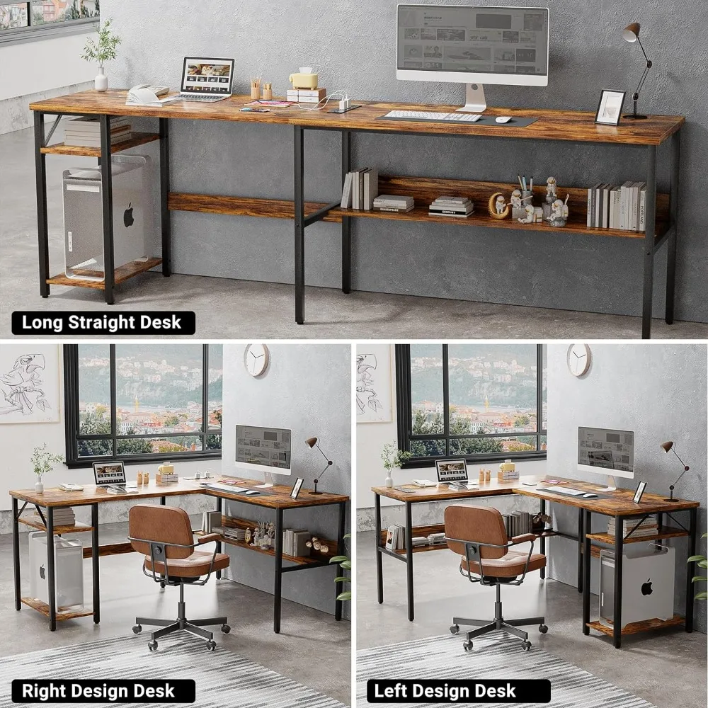 Rustic Brown Table Computer Desks Easy to Assemble Laptop Desk Sturdy Reversible Corner Desk With Storage Shelves Furniture Room images - 6