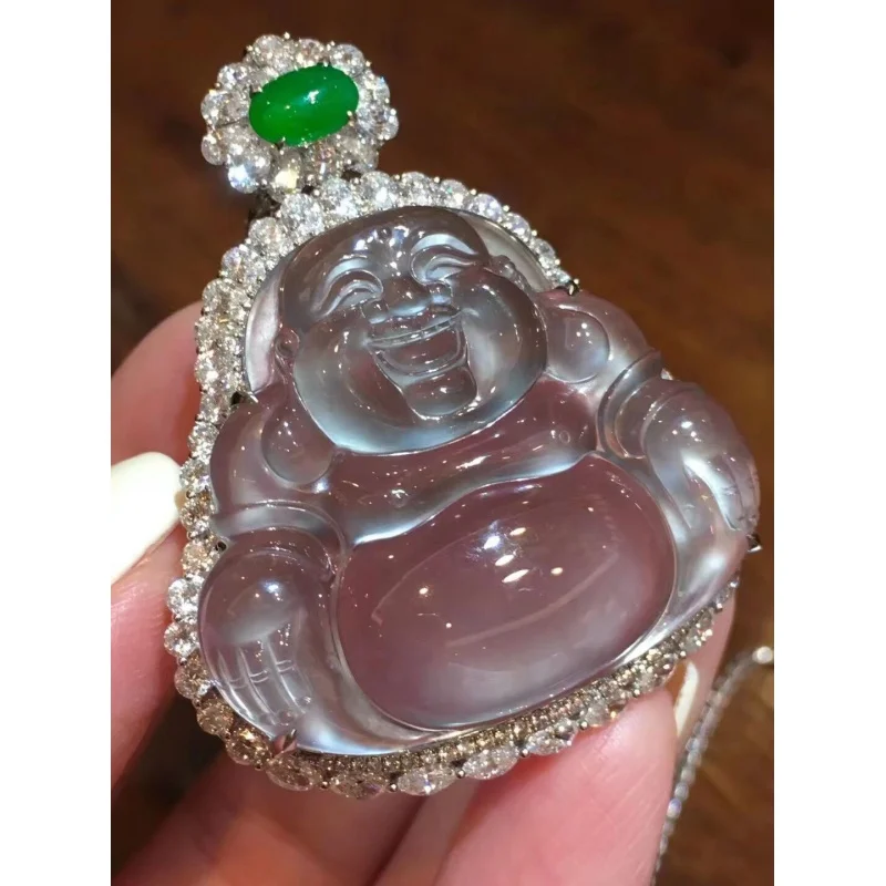 

Natural Full Green Ice-like Jadeite Jade Buddha Pendant Myanmar 18K Gold Inlaid