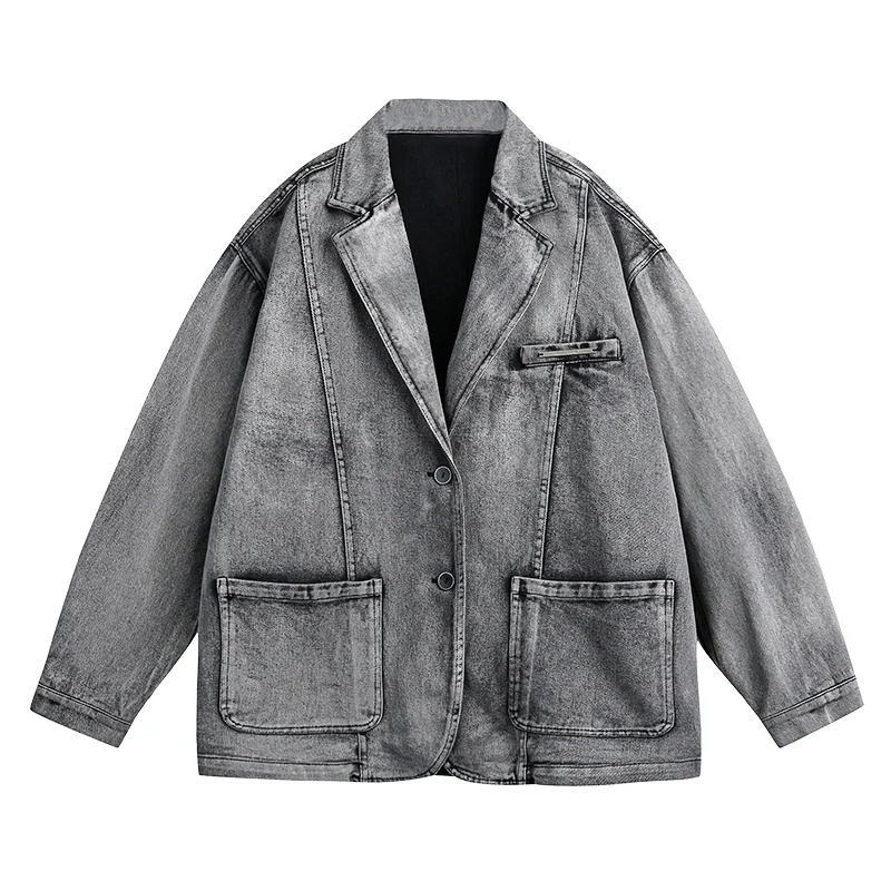 Vintage Men Retro Denim Blazers Notched Lapel 2023 Spring Autumn