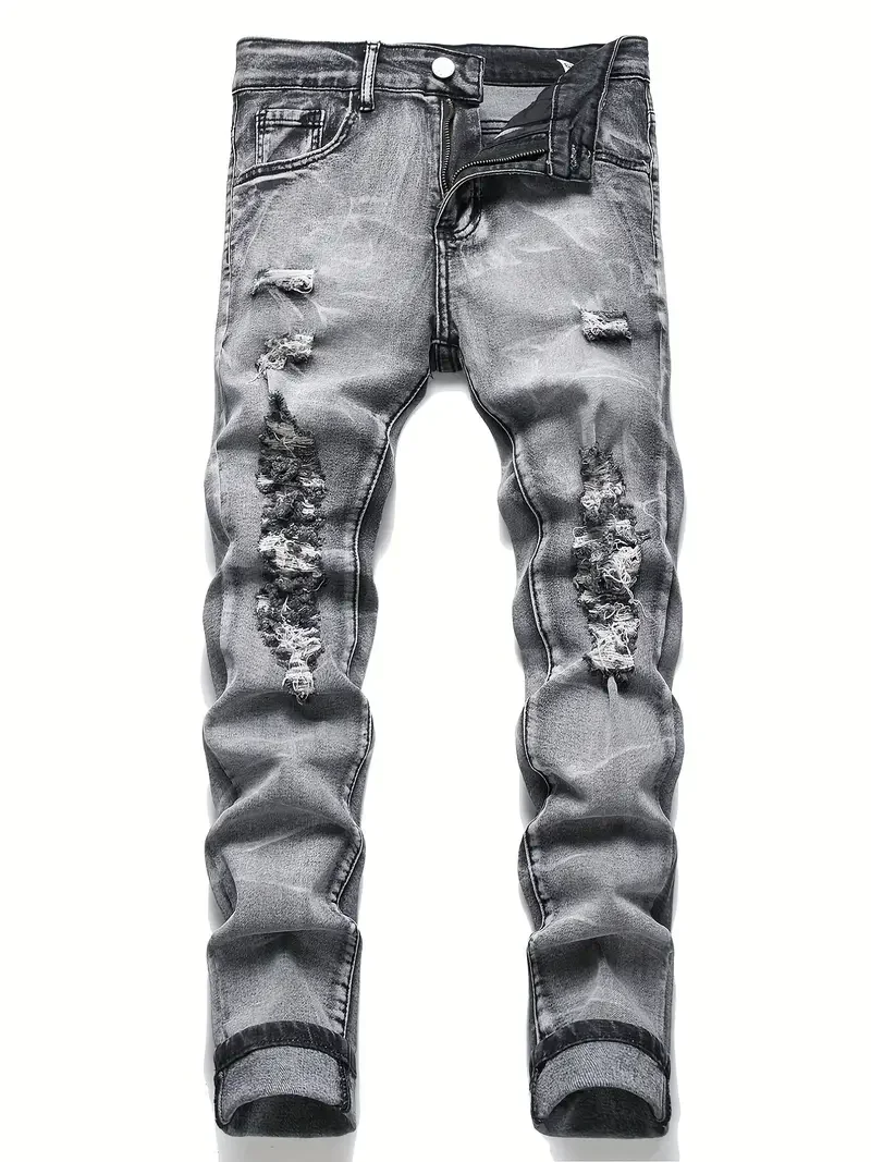 Men's Casual Street Style Slim Fit Ripped Jeans Distressed High Stretch Denim Pants for Spring Summer