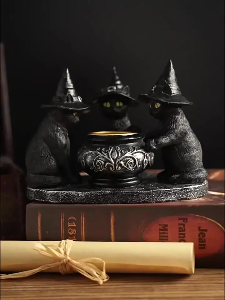 Halloween Witch Cauldron Cat Candlestick – Resin Gothic Table Decor For Mantel, Party