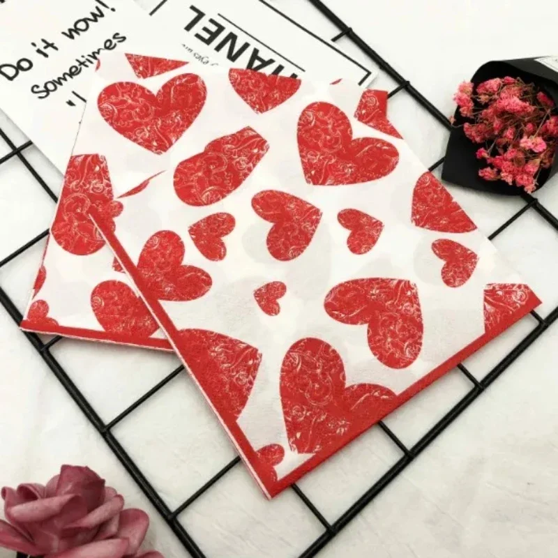 20pcs/P Heart Shaped Colourful Printed Napkin Wedding Valentine's Day Facial Tissue Proposal Decoration Wine Glass Flower Paper