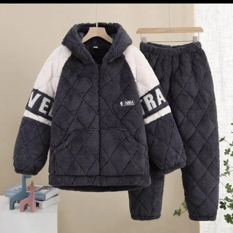 Sleepwear Men's Thick Plush Three-layer Cotton Insulation Coral Velvet Autumn Winter Male Home Clothing Zipper Hood Loungewear