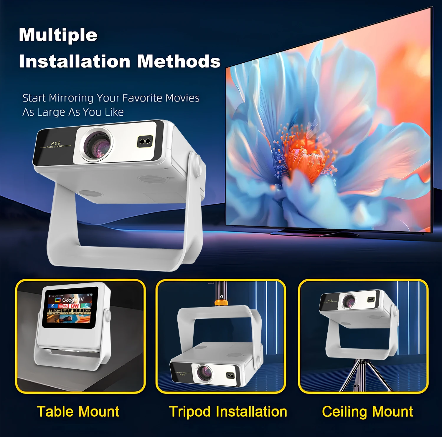 스마트 3-in-1 프로젝터 태블릿 스피커 7인치 1080P 4K 자동 초점 180도 ° 안드로이드 12 WiFi BT HDMI 휴대용 기기 회전