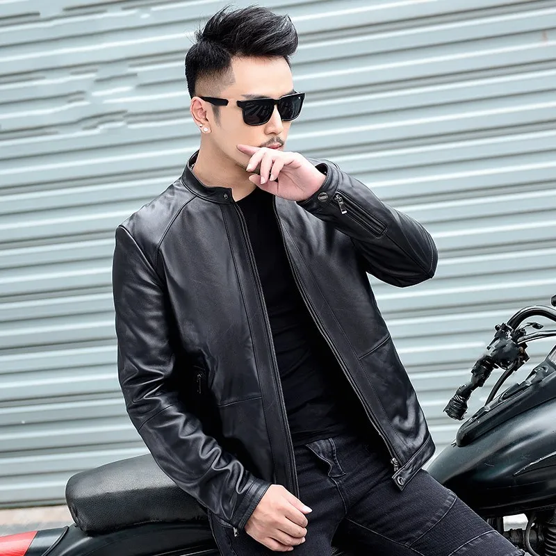 Spring Mens New Genuine Leather Jackets Short Slim Sheepskin O-Neck Zippers Biker Punk Style Outerwear Casual Concise Coat genuine leather coats & jackets