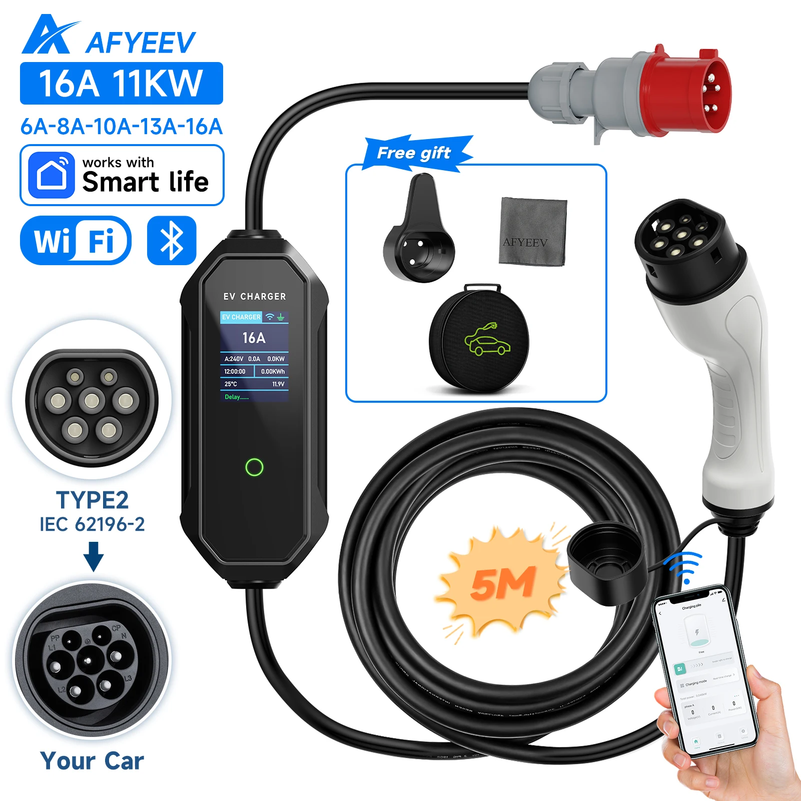 AFYEEVType2IEC62196-2PortableEVCharger11KW3PhasesCarChargerWi-FiBluetoothAPPControlCEEPlugForElectricVehicle