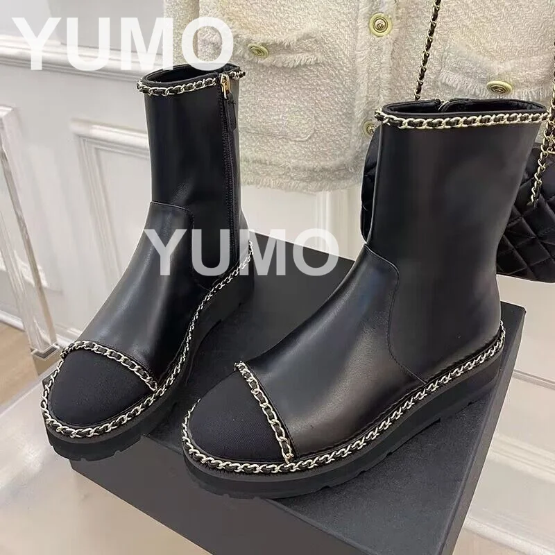 

2023 Top Quality Women Round Toe Genuine Leather Short Boots Metal Chain Elegant Runway Side Zip Ankle Boots Office Ladies