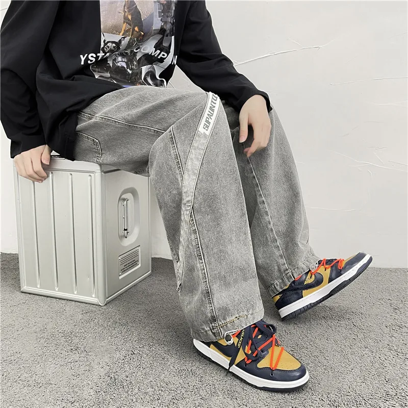 Stitching Jeans Men's KoreanStyle Loose Casual Straight-Leg Ins Fashion Brand Retro High Street Personalized Drawstring Trousers
