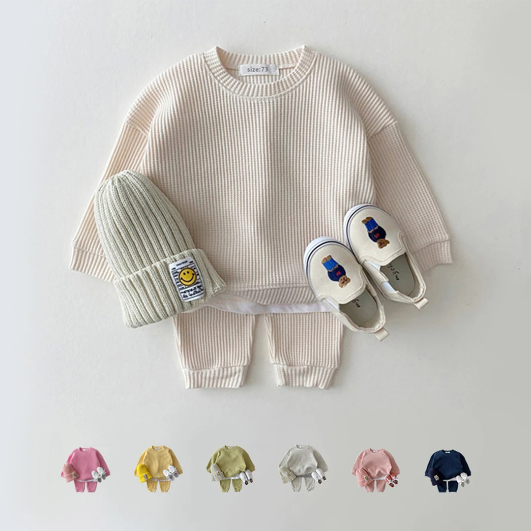 2022 Korean Baby Cotton Kintting Clothing Sets Mock Twopiece Waffle Cotton Kids Boys Girls