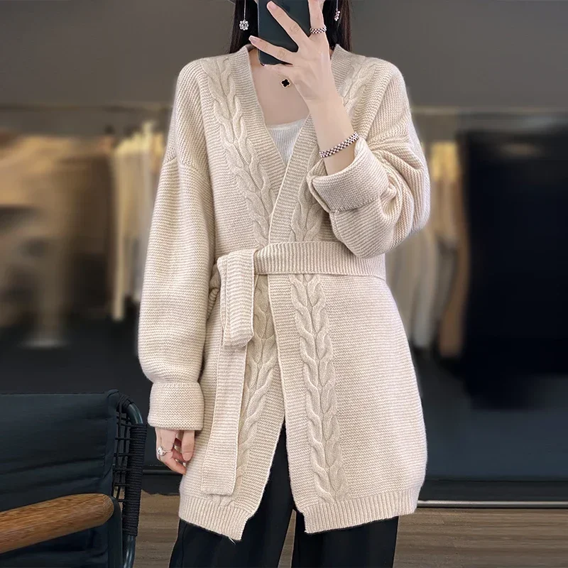

Женский длинный кардиган из 100% шерсти, однотонный свободный плотный мягкий кардиган с длинным рукавом, Осень-зима