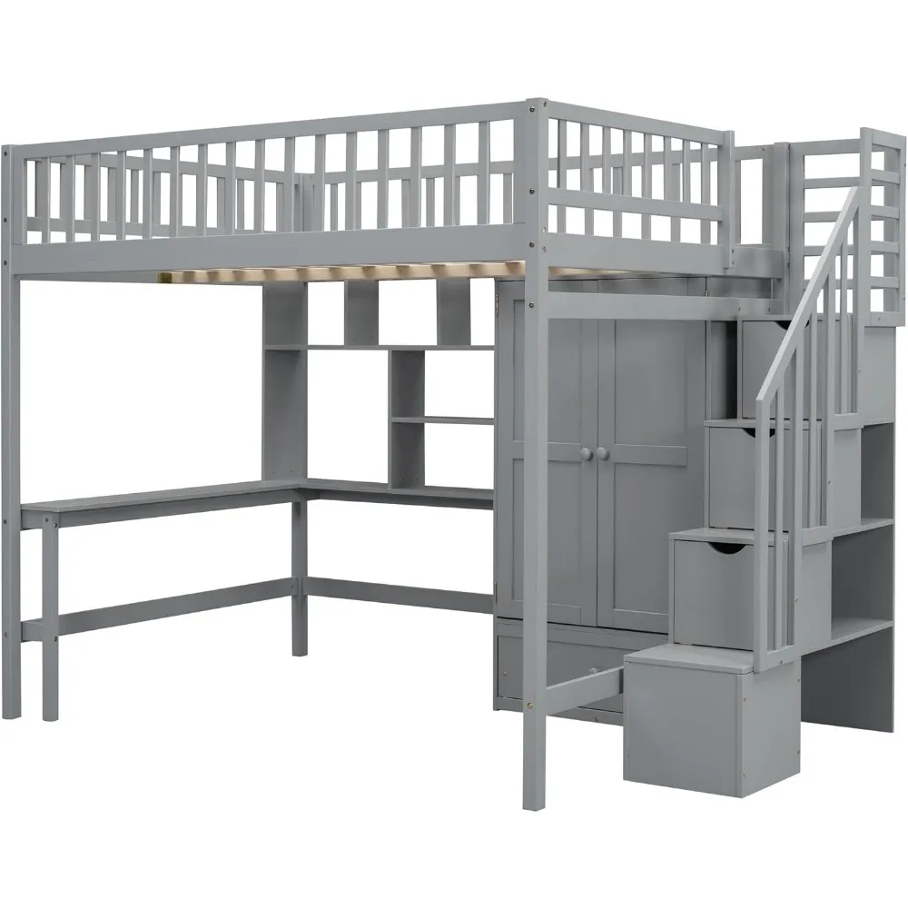 Full Loft Beds Stairway Loft Bed Frame with Wardrobe, Desk, Bookcase and Drawers, Gray Children's Wardrobes 2
