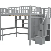 Full Loft Beds Stairway Loft Bed Frame with Wardrobe, Desk, Bookcase and Drawers, Gray Children's Wardrobes 2