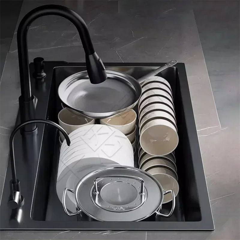 Thickened 304 Stainless Steel Sink Large Capacity Kitchen Sink Single Bowl Black Nano Washbasin Home Countertop Dishwashing