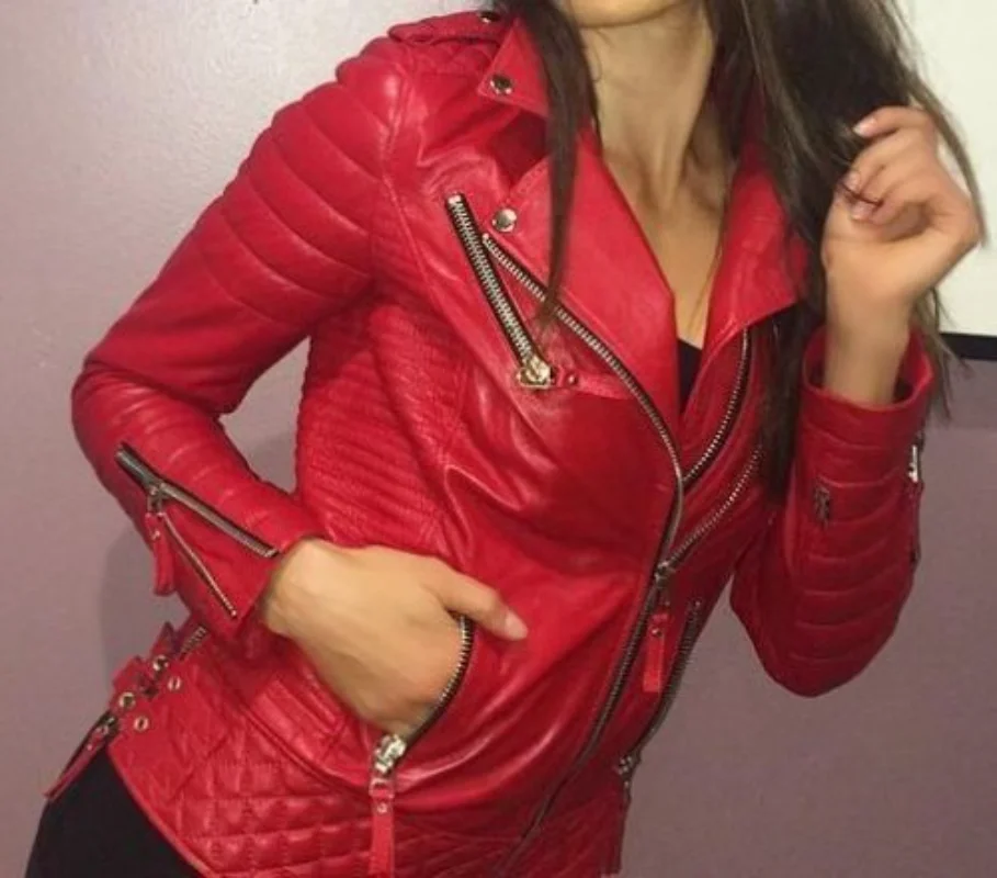 цена Womens Leather Jacket Quilted Red Boda Lamb Skin Designer Fashion Coat Genuine Leather High-grade Windbreaker