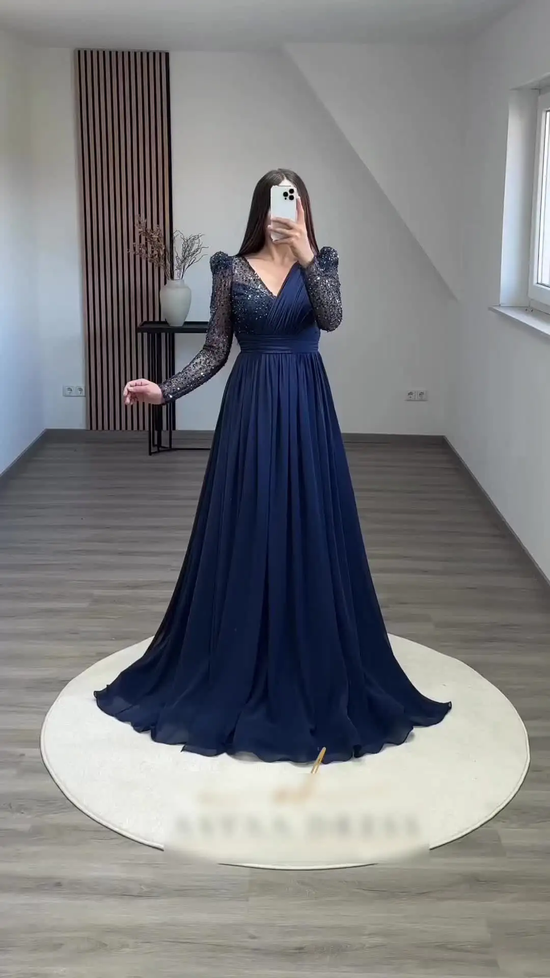 Eightale Elegant Evening Dresses Navy Blue Glitter V-neck