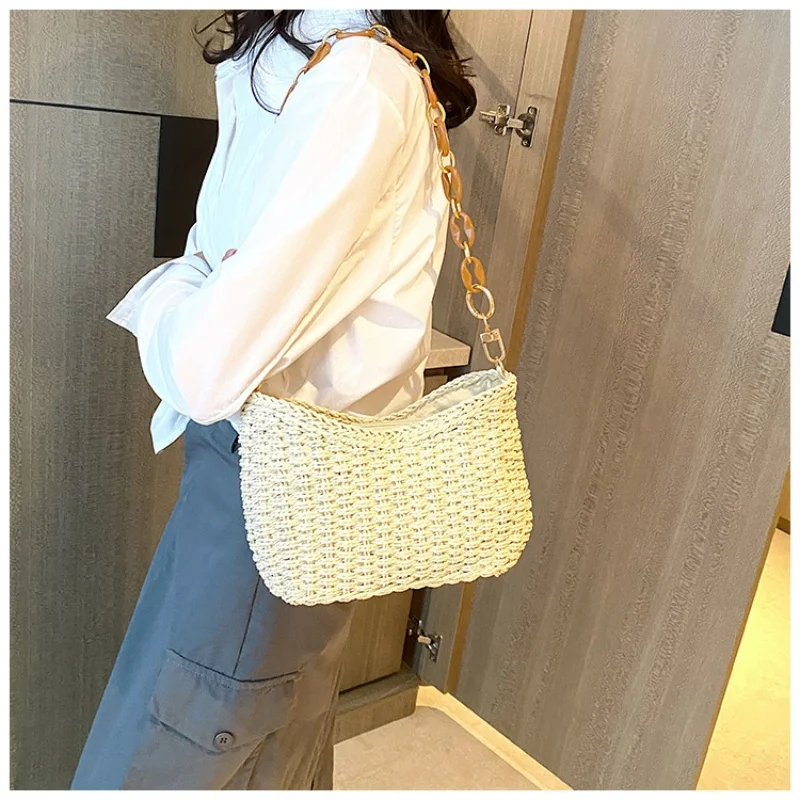 حقيبة يد نسائية صيفية عادية منسوجة يدويًا مع سلسلة...