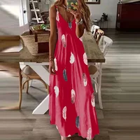 8Colour All-Season Chic Feather Print Maxi Dress Casual V-Neck Comfort Stretch Easy Care - Image 6