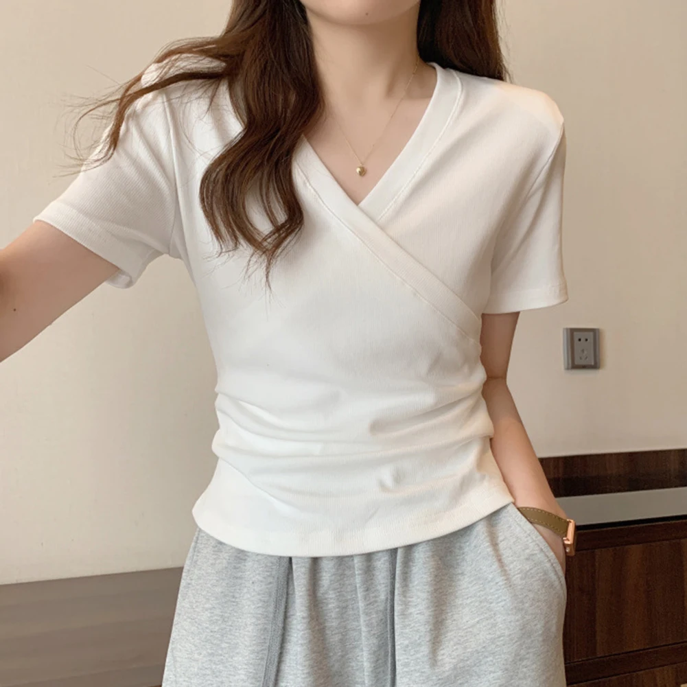 

Top Women T-Shirt Female Vacation Daily Holiday Cross V-Neck Short Sleeve Skin-friendly Slight Stretch Slim-Fitting