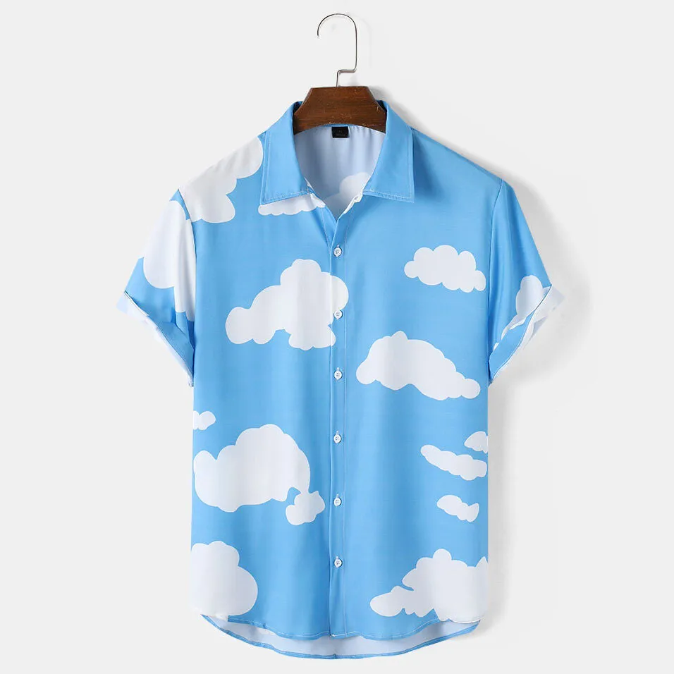

3D Clouds Print Lapel Shirts shirt Blue