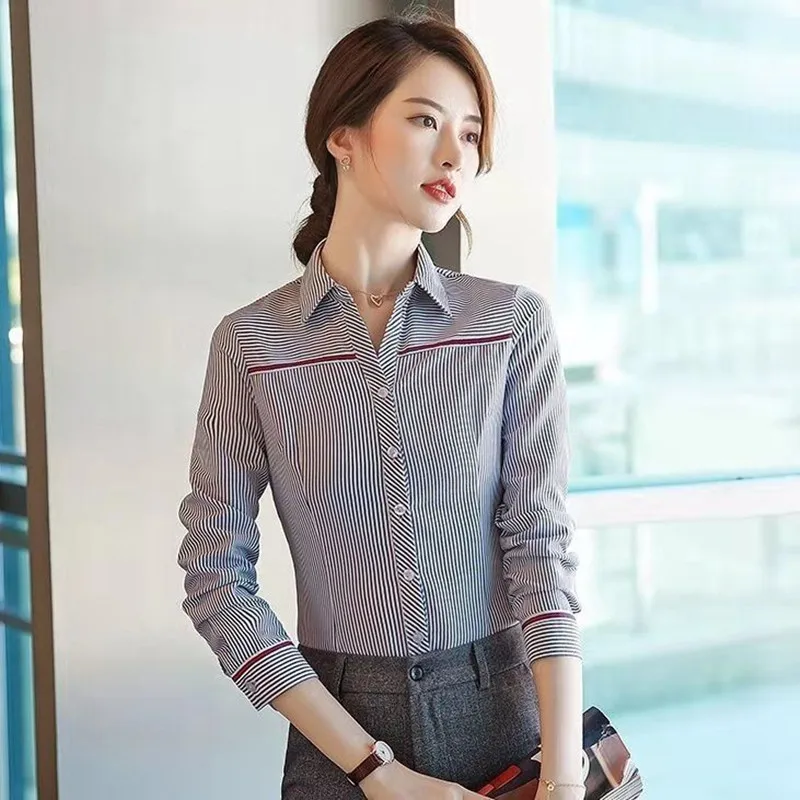 

5XL Women Shirts 2022 Summer Autumn Feminine Blouses Top Long Sleeve Casual Stripe Turn-down Collar OL Style Women Slim Shirt