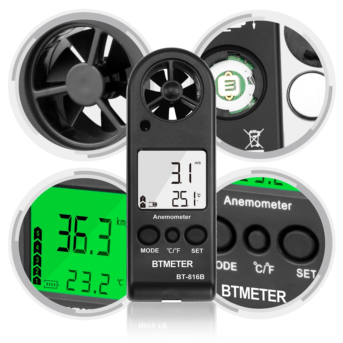 BEMETER 미니 풍속계, 디지털 풍속계, 풍속 온도 풍속 감기 지수 야외 스포츠용 공기 흐름 테스터, 2팩