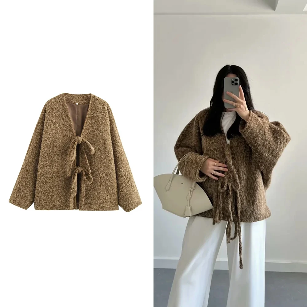 Women's Vintage V-Neck Bow Tie Loose Cardigan