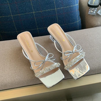 Slide Sandals With Rhinestone And Bow Knot Clear Block Heel Square Toe Mules For Summer Beach Party Daily Wear Comfortable