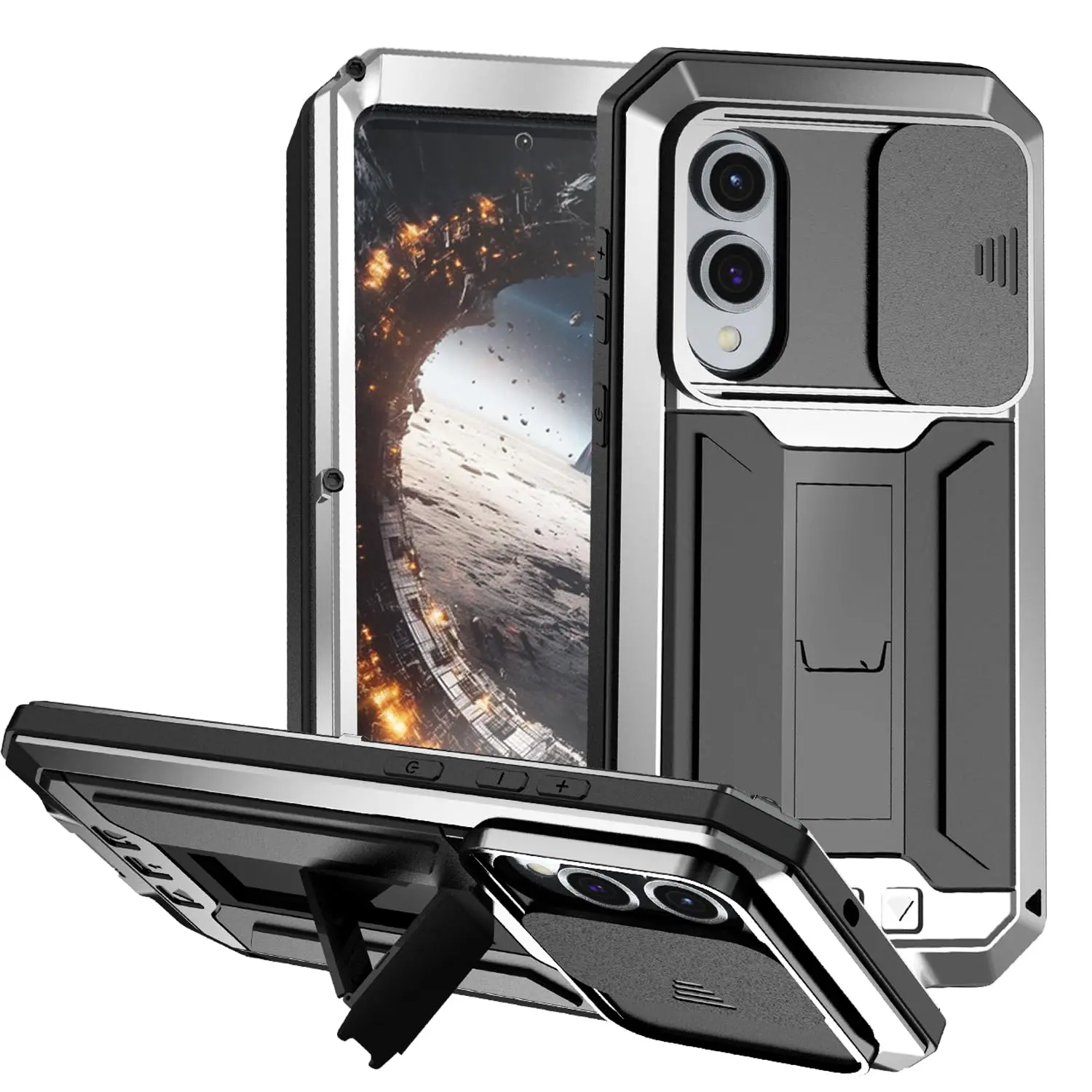 Premium Metal Case with Screen Protector, Slide Camera Cover, Kickstand, and Heavy Duty Shockproof Design