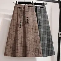 Khaki Plaid Vintage A-line High Waist Lace Up Buttons Loose Women's Skirt Mid-Calf Long Skirts For Women Clothing Fashion 2024 - Image 4