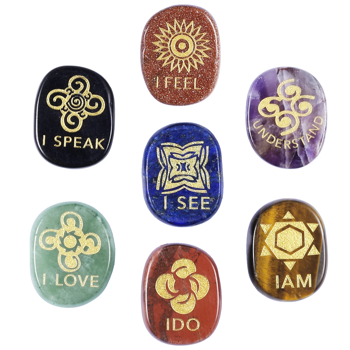 

7pcs/set Chakra Stones Engraved Letters Symbols Polished Palm Stones For Reiki Balancing Meditation Jewelry Decoration