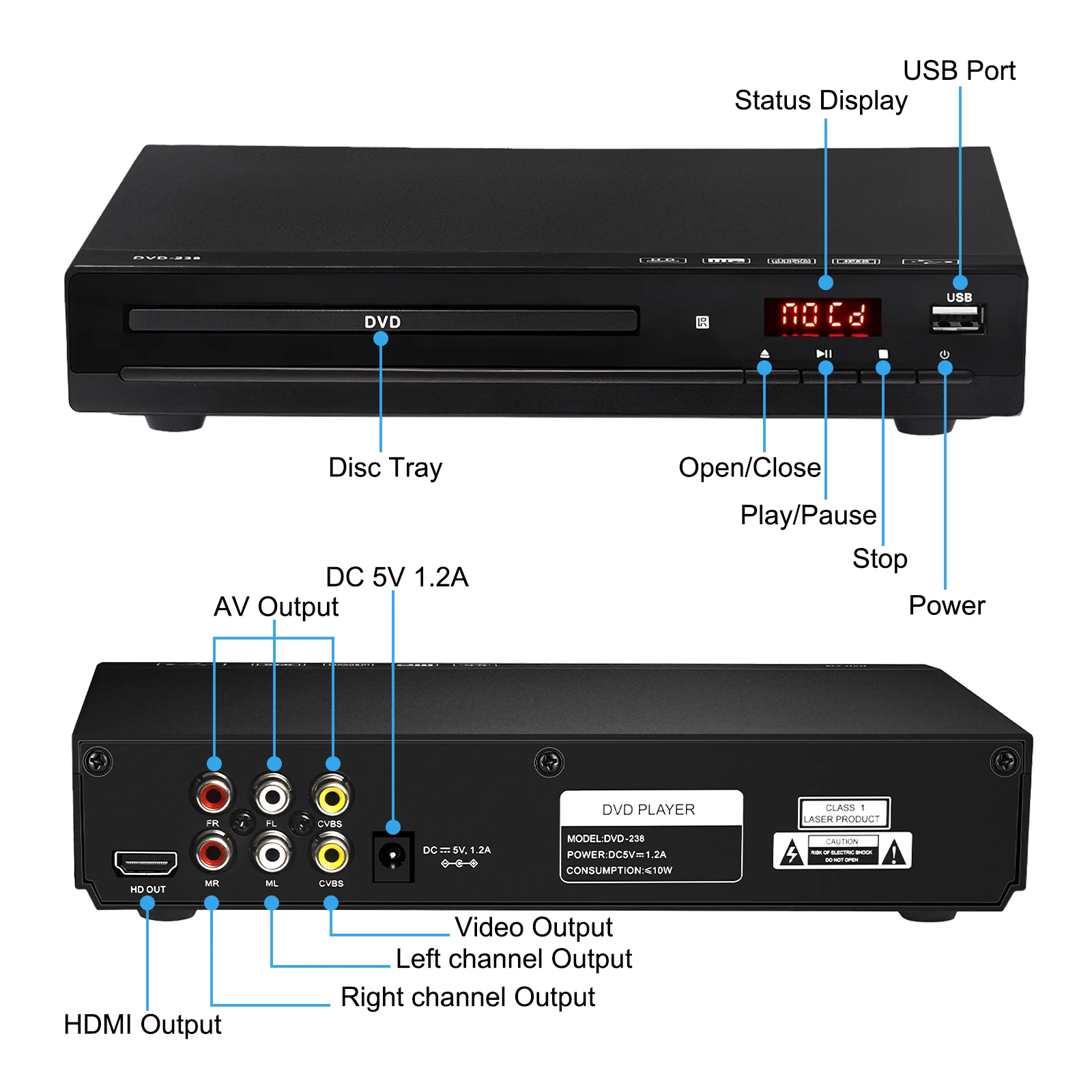 DVD Player M238 HD 1080P Disc Player with Remote Control Support USB MP3 MP4 Hom