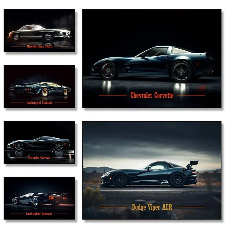 Классические винтажные автомобильные постеры и принты Dodge Viper Lamborghini Countach, абстрактное холст без рамы