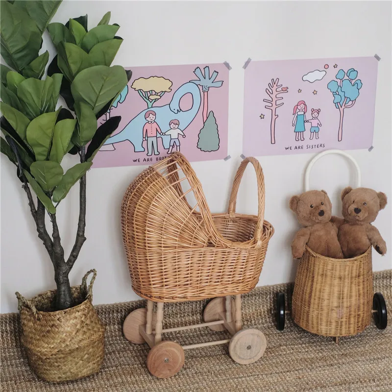 Baby Photography Props Retro Rattan Stroller Toy Boy Girl Photo Studio Doll Carriage Children Room Decoration Baby Doll Cart