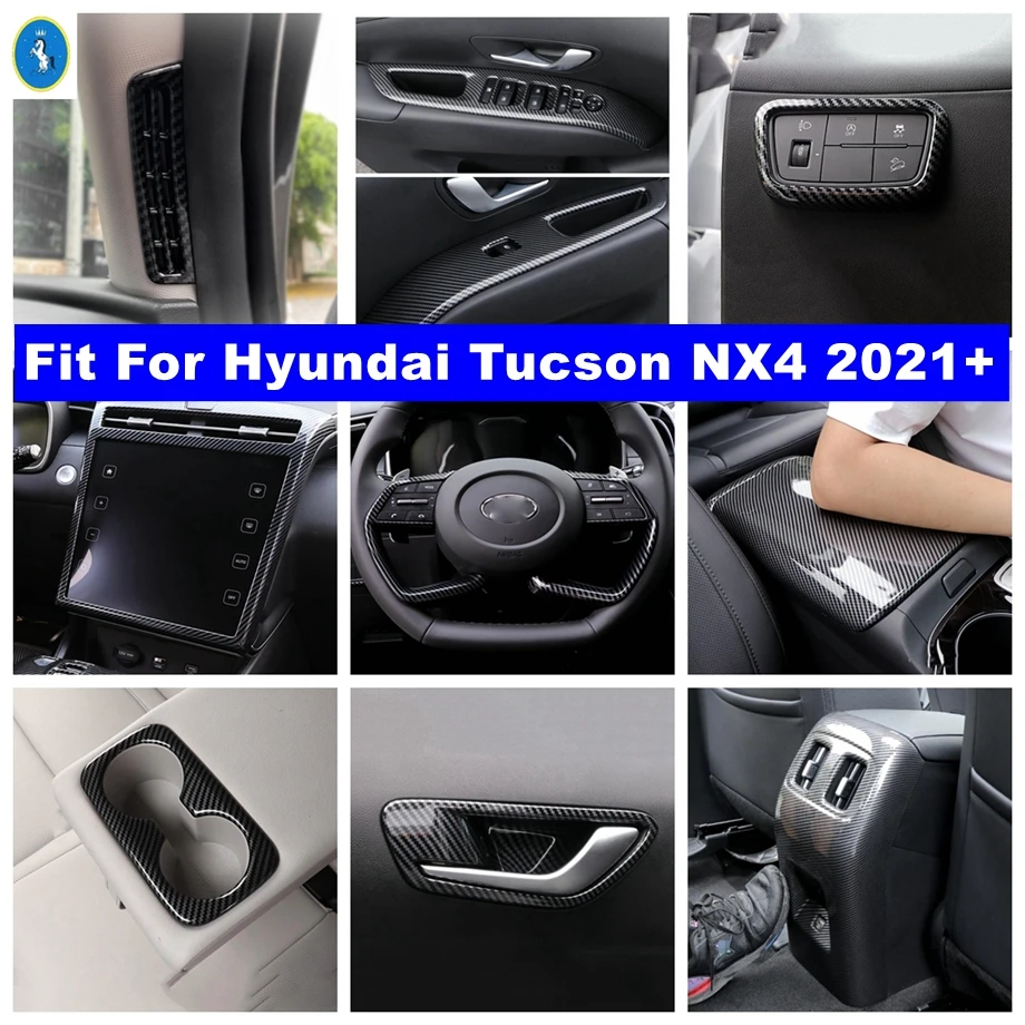 

Water Cup Holder / Window Glass Lift / Steering Wheel Cover Trim For Hyundai Tucson NX4 2021 - 2023 Carbon Fiber Car Accessories