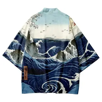 Camicia Kimono con stampa onde stile giapponese vintage Abbigliamento tradizionale Haori Donna Uomo Streetwear Cardigan Yukata Cosplay 1